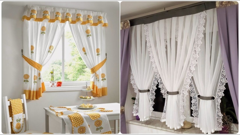 Curtains: Cheerful Sunflower Motif with Gingham Border & Lace Edging