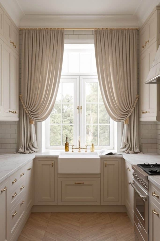 Curtains: Elegant Kitchen Window Drapes with Pleats & Gold Accents