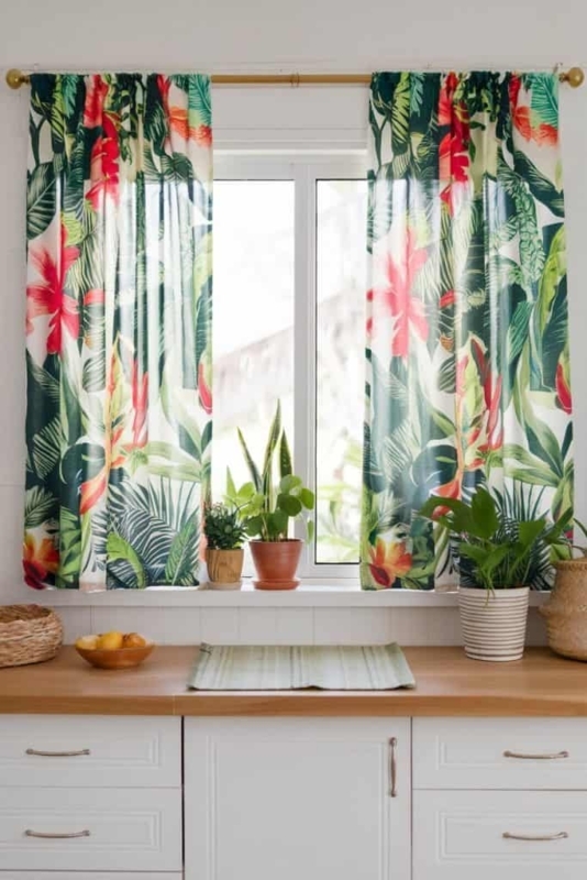 Curtains: Tropical Botanical Print on Gold Rod for Boho Kitchen Window