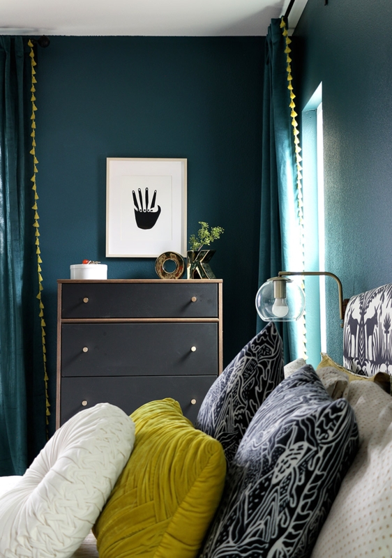 Curtains with Yellow Pom Pom Trim in Eclectic Bedroom Corner
