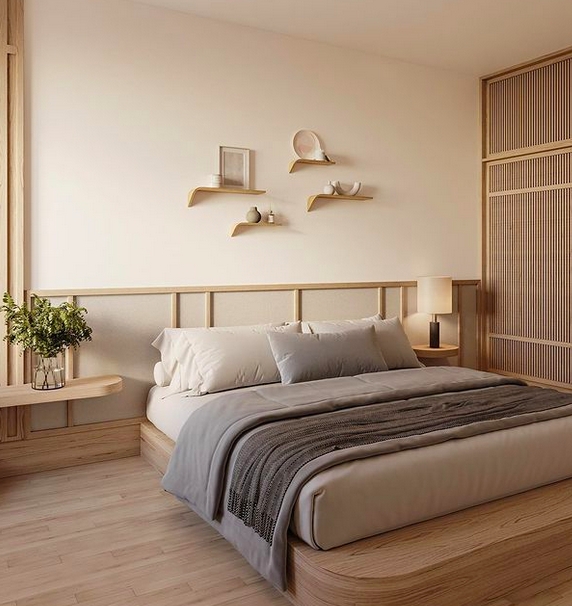 Curved Floating Wall Shelves in Minimalist Japandi Bedroom