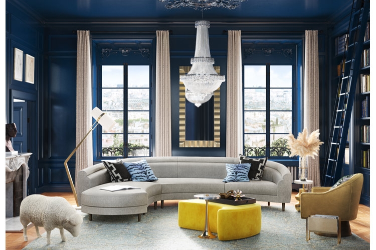 Curved Sectional Sofa Layout: Dramatic Navy Monochrome Library