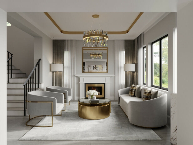 Curved Sofa Living Room Layout: Tiered Gold Ring Chandelier Focus