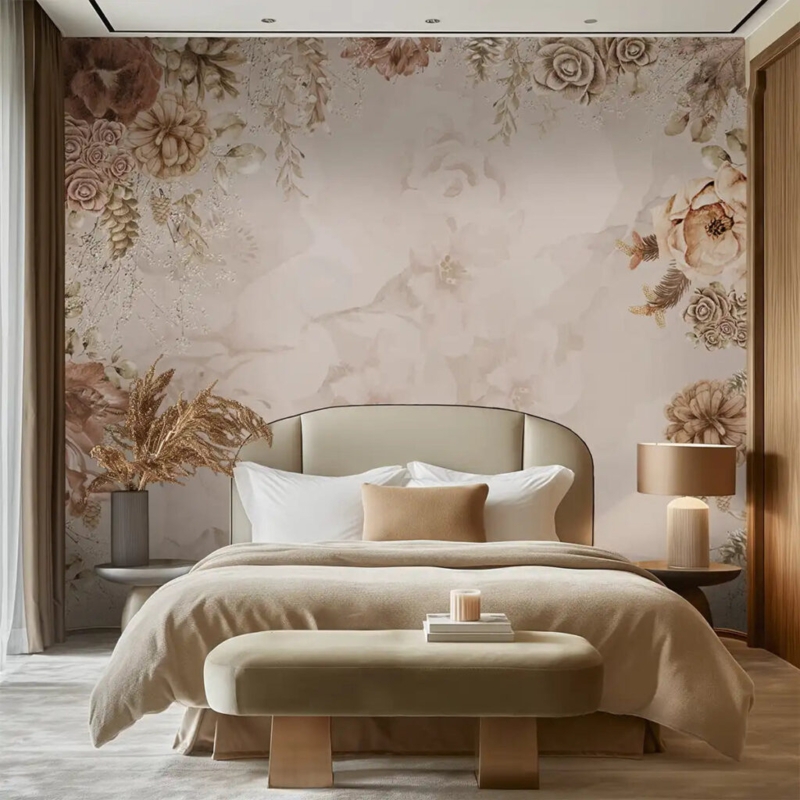 Curved Upholstered Bed against a Large Scale Floral Mural Backdrop