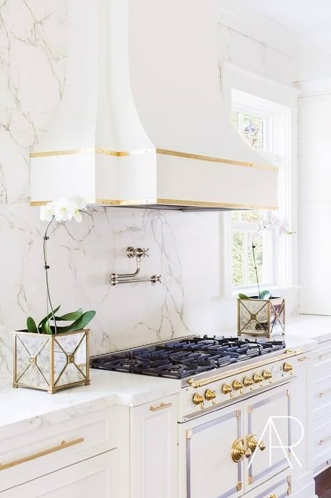 Custom Range Hood with Gold Trim in Marble White and Gold Kitchen