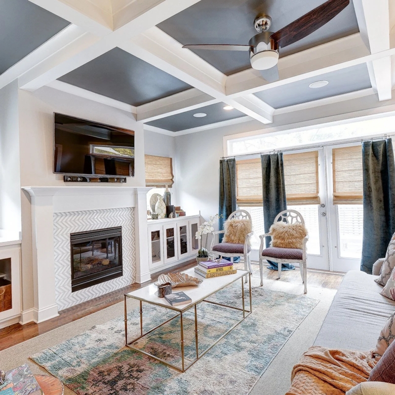 Dark Blue Coffered Ceiling Ideas Chevron Fireplace