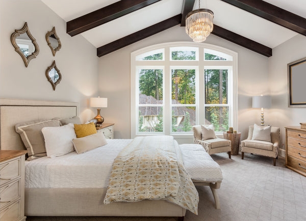 Dark Ceiling Beams Vaulted Ceiling Bedroom with Beams Arched Window