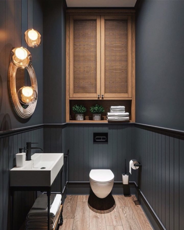 Dark Charcoal Powder Room: Cane Webbing Cabinet Bathroom Storage
