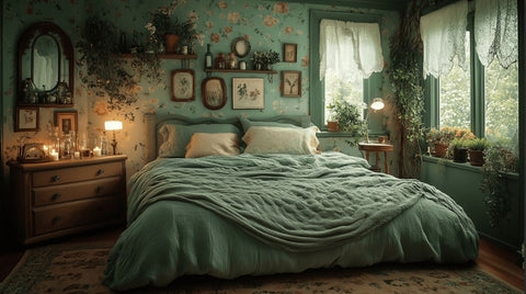 Dark Cottagecore Bedroom Decor: Sage Green Bedding and Floral Wallpaper