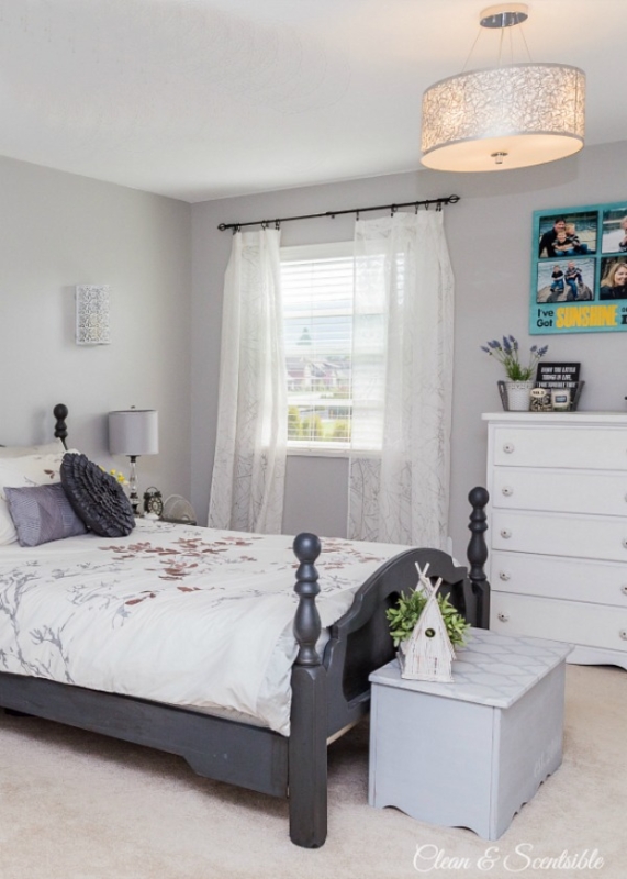 Dark Gray Bed Frame with Floral Branch Duvet Bedding