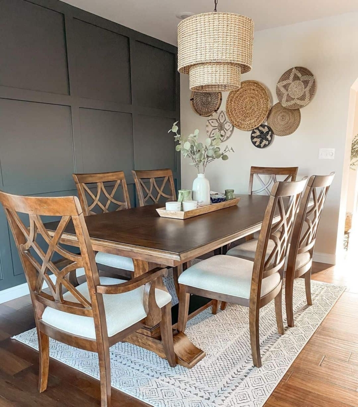 Dark Gray Board and Batten Wall with Lattice Back Dining Chairs