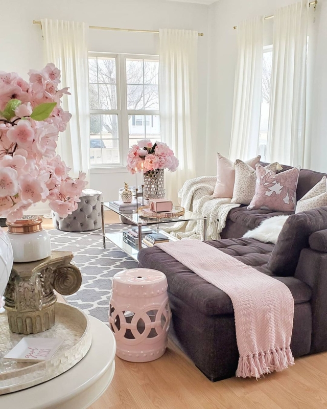 Dark Gray Sectional Styling Ideas: Pink Garden Stool Accent