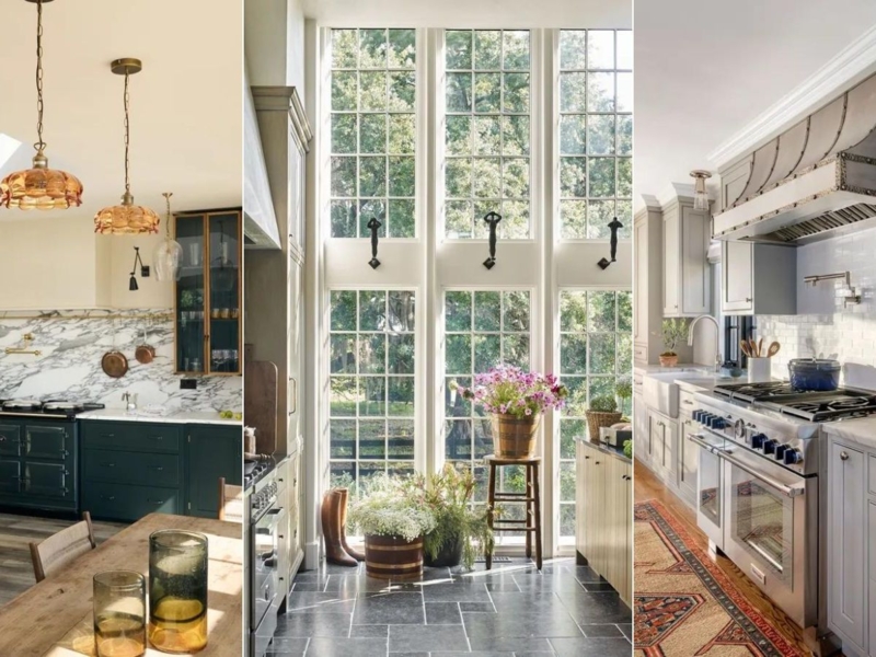 Dark Green Kitchen Cabinet Design with Tall Multi-Pane Windows