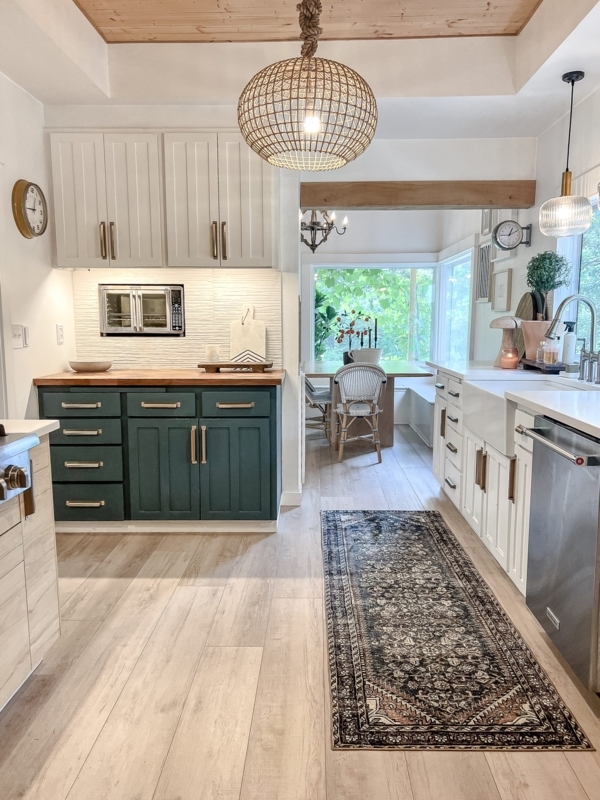 Dark Green Kitchen Island Cabinets with Oversized Woven Pendant