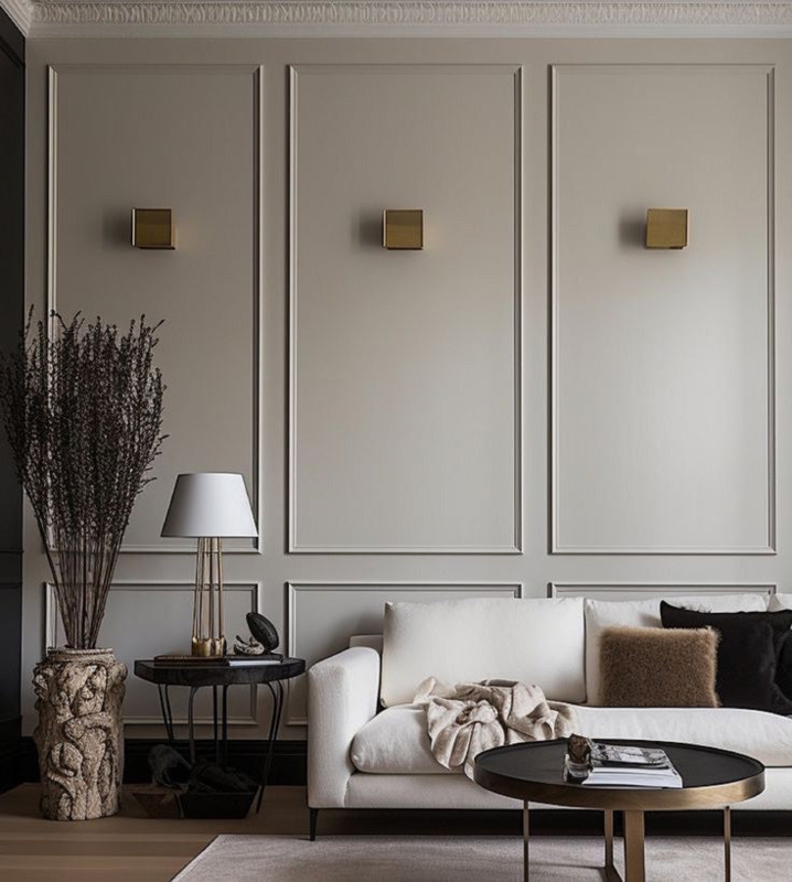 Dark Green Monochromatic Wall Paneling with Ornate Crown Molding