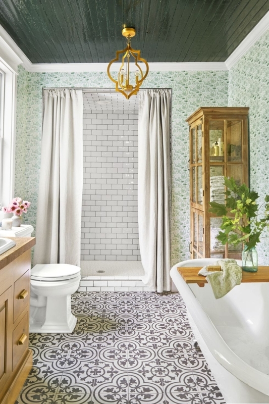 Dark Green Painted Ceiling and Patterned Cement Tile