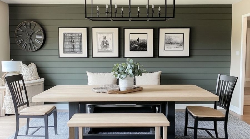 Dark Green Shiplap Accent Wall in Farmhouse Dining Room Layout