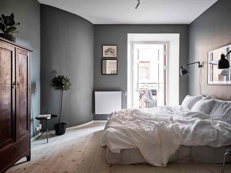 Dark Grey Bedroom Walls: Vintage Armoire and White Linen Bedding