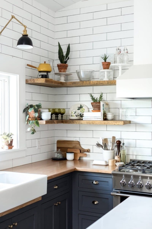 Dark Grey Cabinets with L-Shaped Open Shelving & Wood Countertops