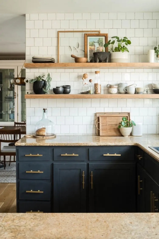 Dark Navy Cabinets with Thick Wood Floating Shelves and Square Tile