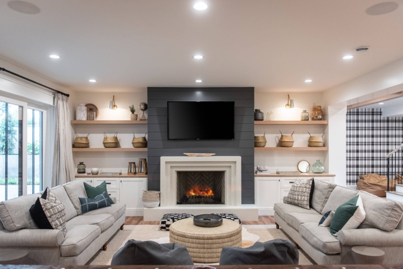 Dark Shiplap Accent Wall & Herringbone Fireplace Design