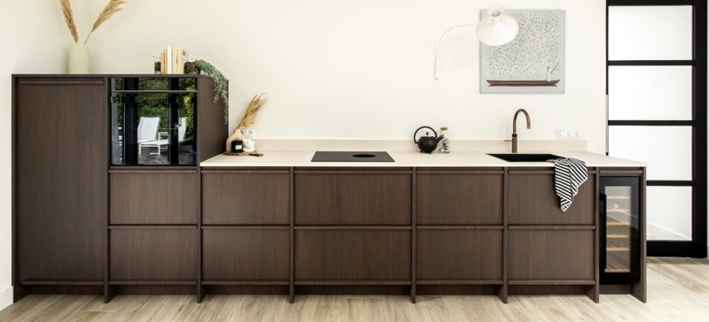 Dark Wood and Cream Kitchen Palette with Integrated Wine Fridge