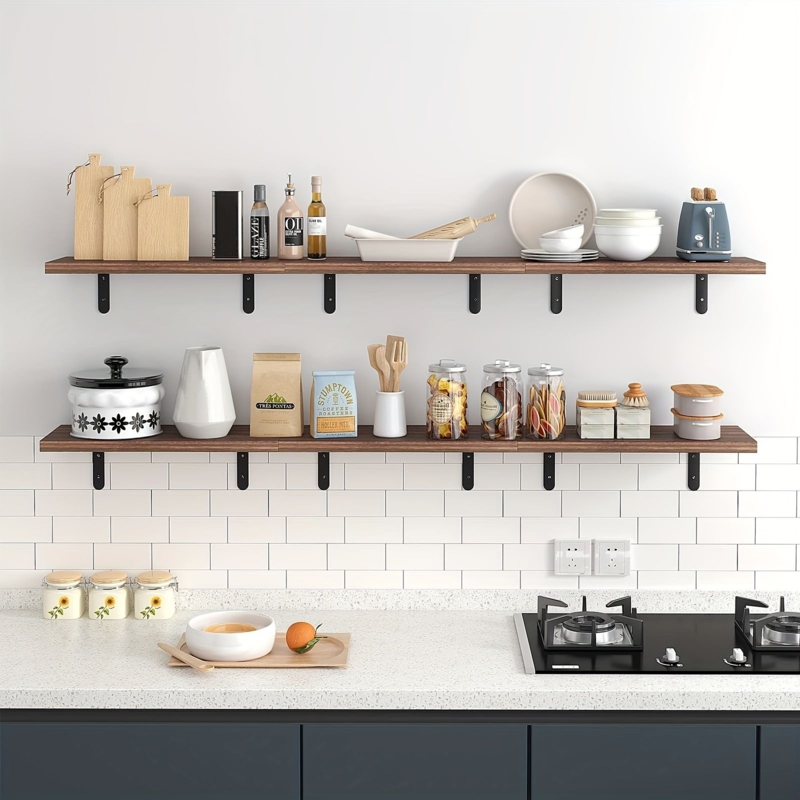 Dark Wood Floating Shelves on White Subway Tile Backsplash
