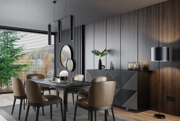 Dark Wood Paneled Dining Space with Vertical Slats Accent Wall