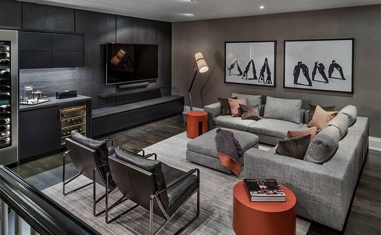 Dark Wood Paneling Media Wall with Integrated Beverage Center