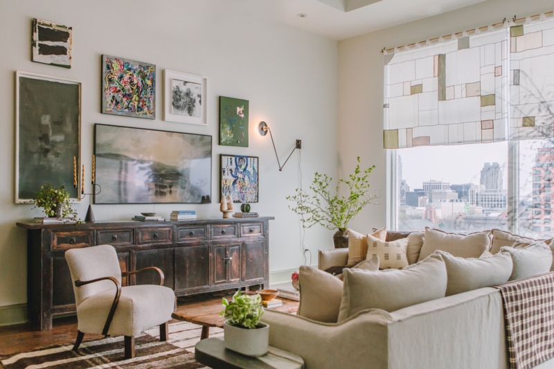 Dark Wood Sideboard Styling with Eclectic Gallery Wall Layout