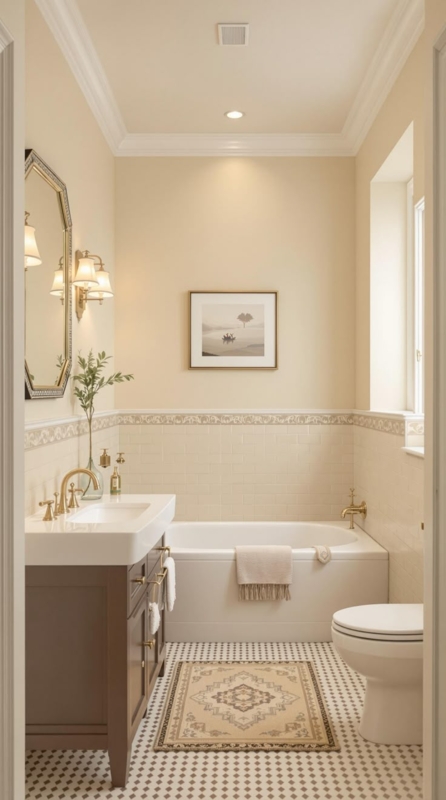 Dark Wood Vanity, Brass Fixtures, Diamond Mosaic Floor, Traditional Design