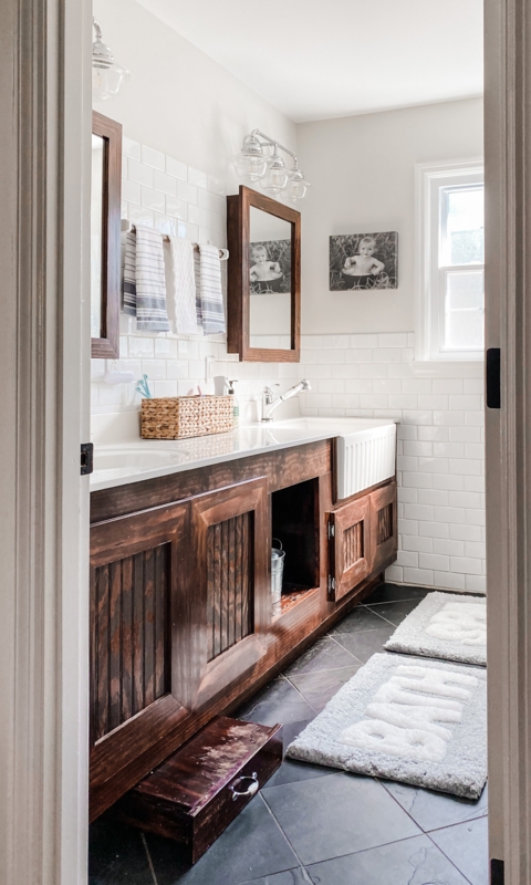 Dark Wood Vanity, Farmhouse Sink, Subway Tile, Farmhouse Vanity Ideas