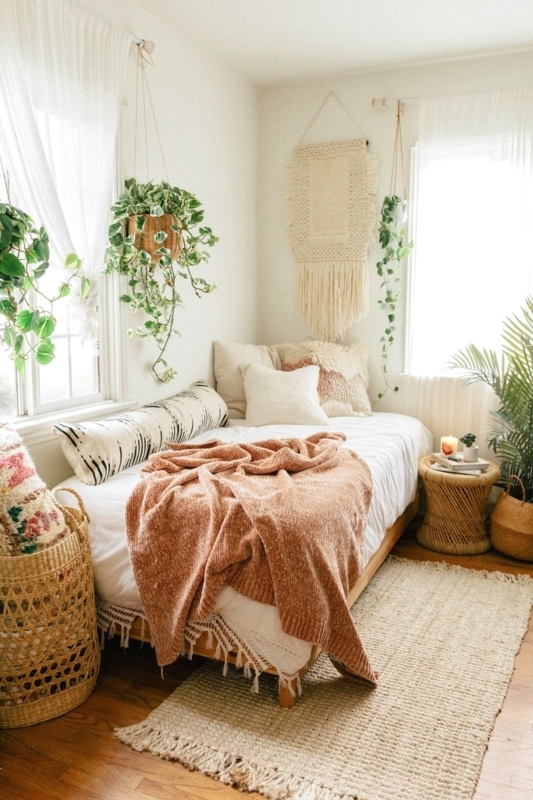 Daybed Layered Textiles Trailing Vines Rust Cream Boho Reading Nook