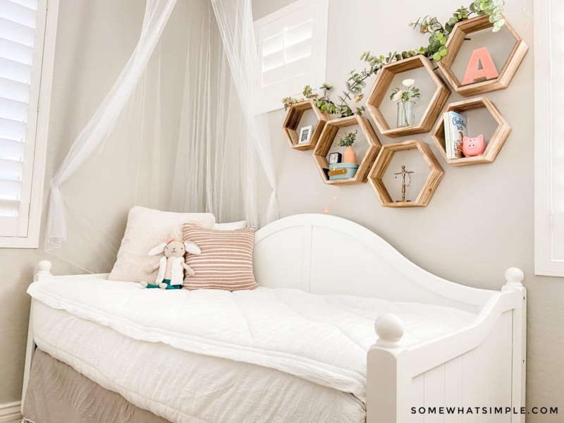Daybed: Sheer Canopy & Hexagonal Wall Shelves