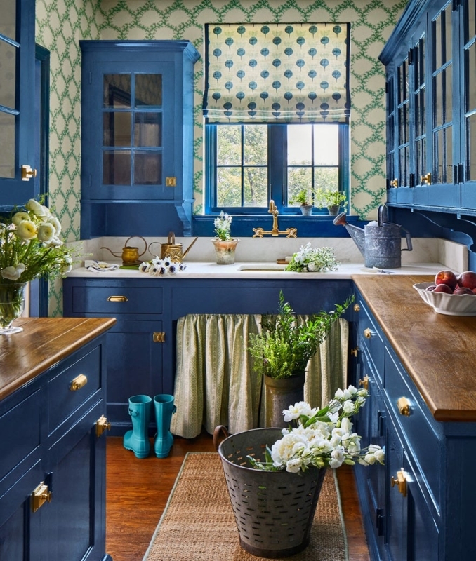 Deep Blue Cabinetry in Pantry with Botanical Wallpaper Accent