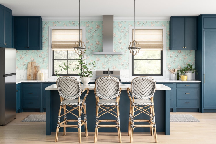Deep Blue Kitchen Cabinetry with Floral Wallpaper Accent Wall.