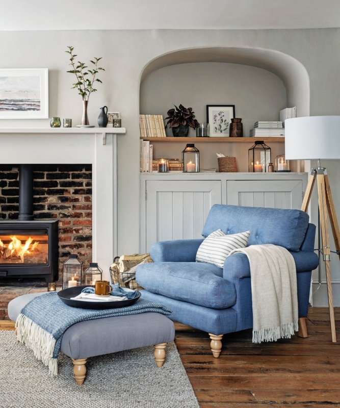 Denim Blue Armchair and Ottoman Set in Modern Country Living Room