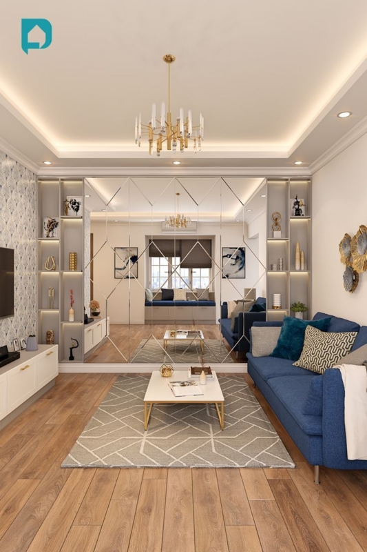 Diamond Mirrored Wall Living Room Navy Blue Sofa