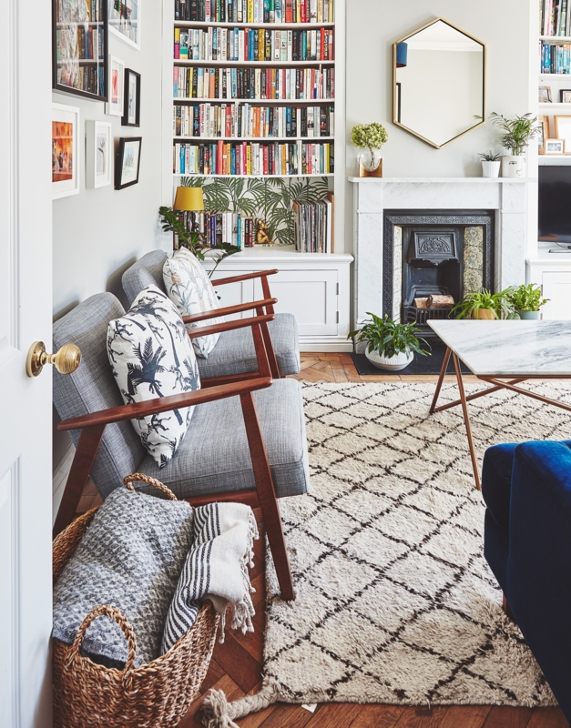 Diamond Shag Area Rug for Eclectic Living Room with Plants.