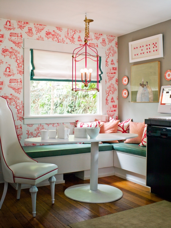 Dining Nook with Red Toile Wallpaper and Green Banquette Seating