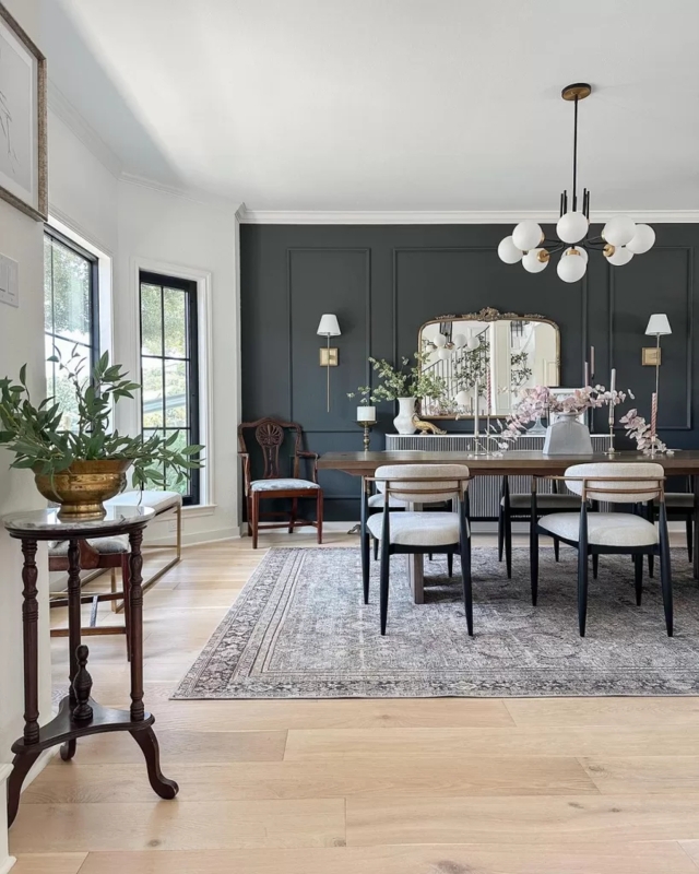 Dining Room Accent Wall with Picture Molding & Globe Chandelier