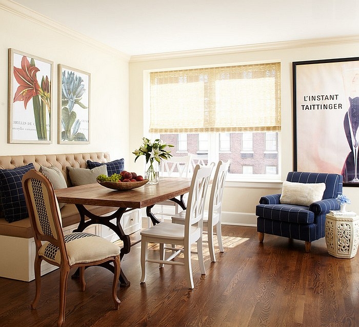 Dining Room Corner with Navy Striped Accent Chair