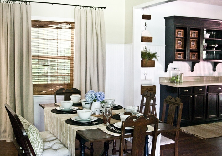 Dining Room: Farmhouse Window Treatments with Layered Curtains & Blinds