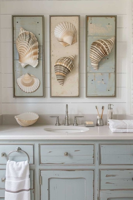Distressed Blue Cabinet Styling & 3D Seashell Wall Art