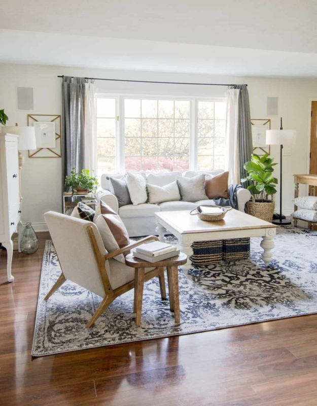 Distressed Blue Medallion Area Rug in a Transitional Living Room.
