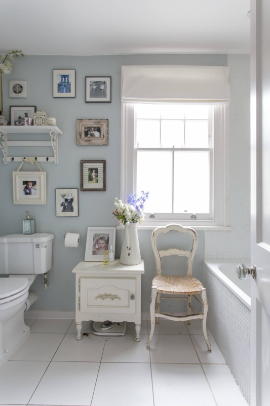 Distressed Furniture Bathroom Decor with Woven Seat Chair Accent