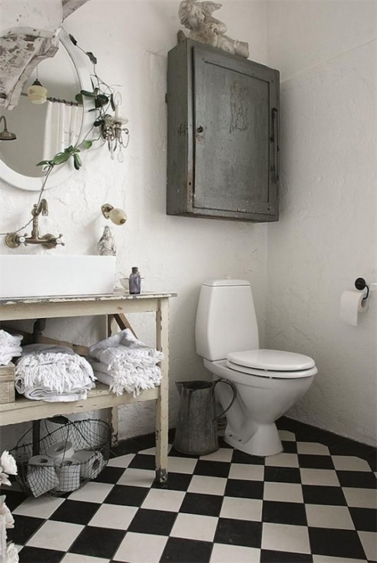 Distressed Vanity Bathroom Design featuring Checkered Floor Tiles