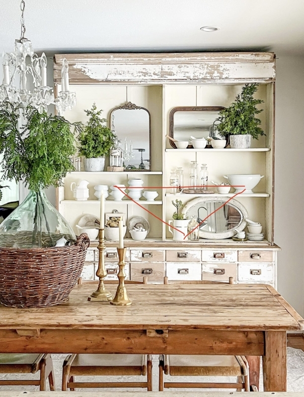 Distressed White Hutch with Apothecary Drawers and Ironstone