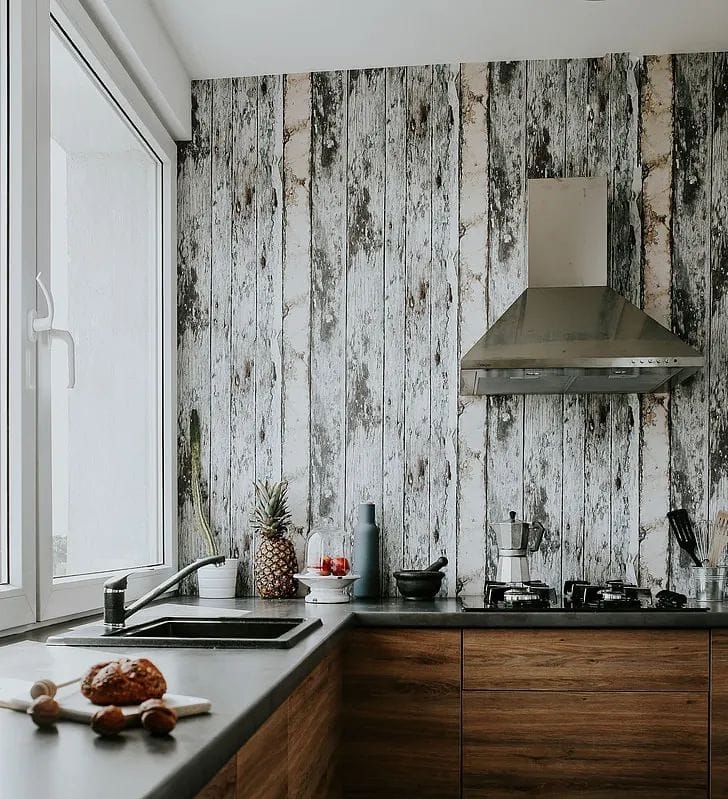 Distressed Wood Kitchen Accent Wall with Vertical Planks