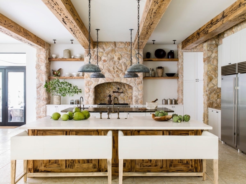 Distressed Wood Kitchen Island with Bench Seating
